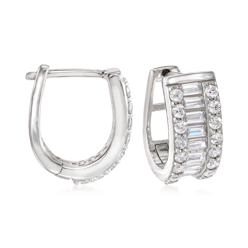 1.32 ct. t.w. Baguette and Round CZ Huggie Hoop Earrings in Sterling Silver image number 0