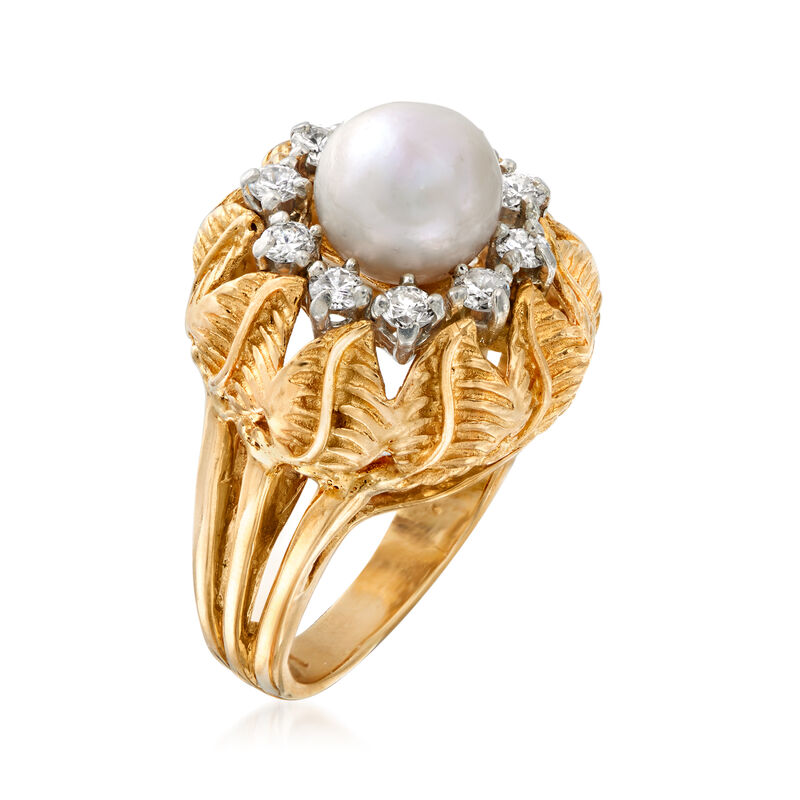 C. 1970 Vintage 8mm Cultured Pearl Ring with .60 ct. t.w. Diamonds in 18kt Yellow Gold image number 2
