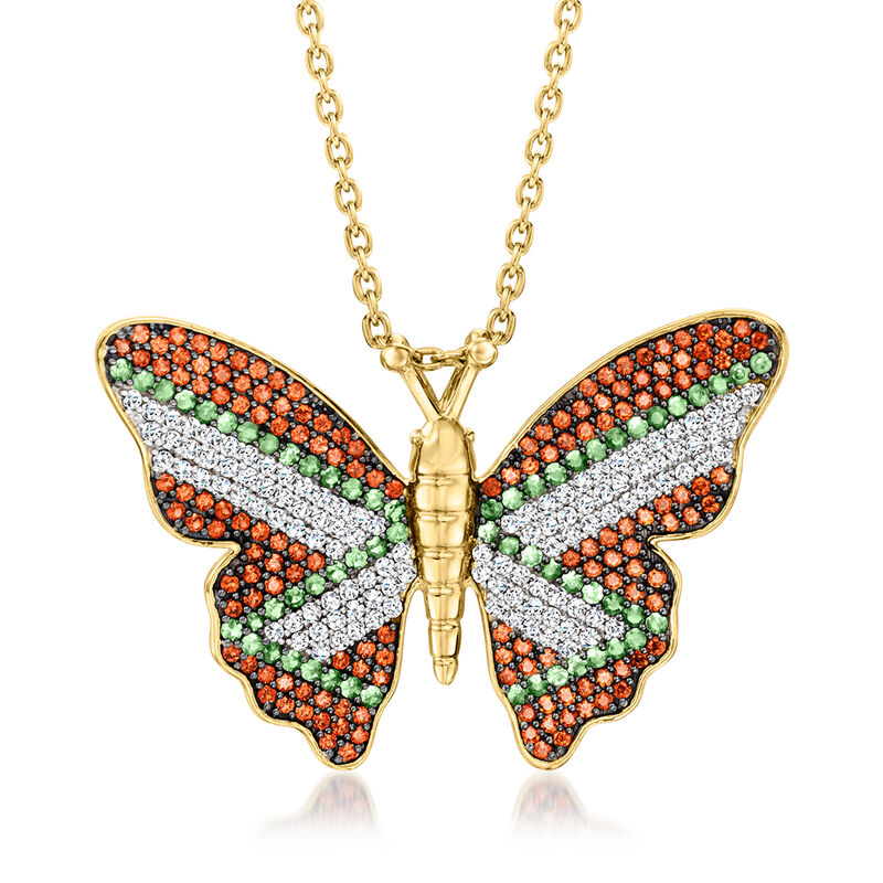2.40 ct. t.w. Multi-Gemstone Butterfly Pendant Necklace in 18kt Gold Over Sterling. 18&quot; image number 1