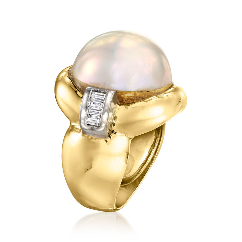 C. 1980 Vintage 16.5mm Cultured Mabe Pearl Ring with .40 ct. t.w. Diamonds in 18kt Yellow Gold. Size 7.5