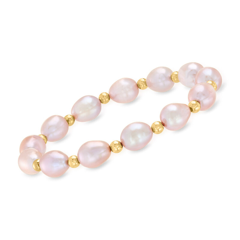 8-9mm Pink Cultured Pearl and 14kt Yellow Gold Bead Stretch Bracelet image number 0