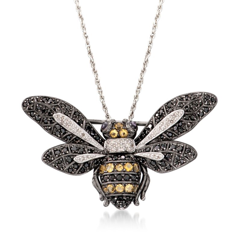 Black Spinel and .63 ct. t.w. Multi-Stone Bee Pin Pendant Necklace in Sterling Silver. 18&quot; image number 1