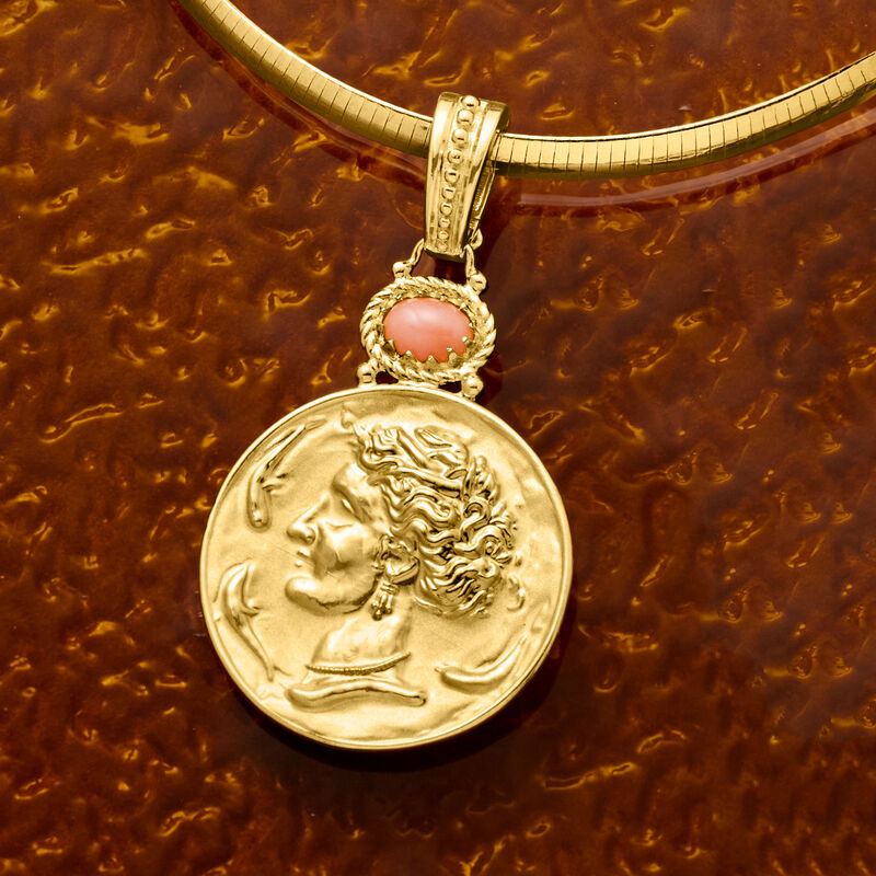 Italian Pink Coral Cameo-Style Pendant in 18kt Gold Over Sterling image number 3
