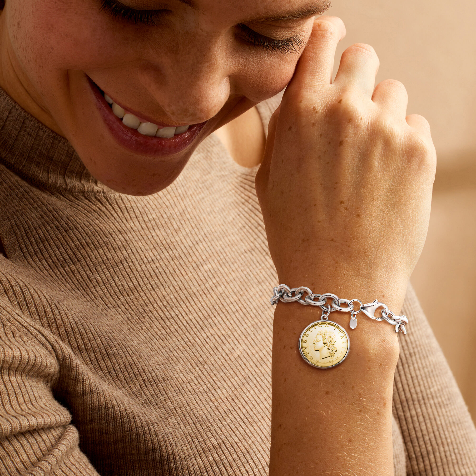 Italian Genuine 20-Lira Coin Charm Bracelet in Sterling Silver