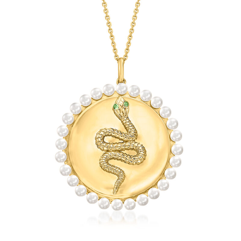 Tsavorite-Accented Snake and 3mm Cultured Pearl Halo Pendant Necklace in 18kt Gold Over Sterling image number 0