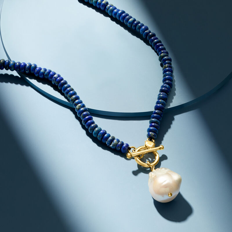 13-15mm Cultured Baroque Pearl and 4.5-5mm Lapis Bead Toggle Necklace in 18kt Gold Over Sterling image number 2
