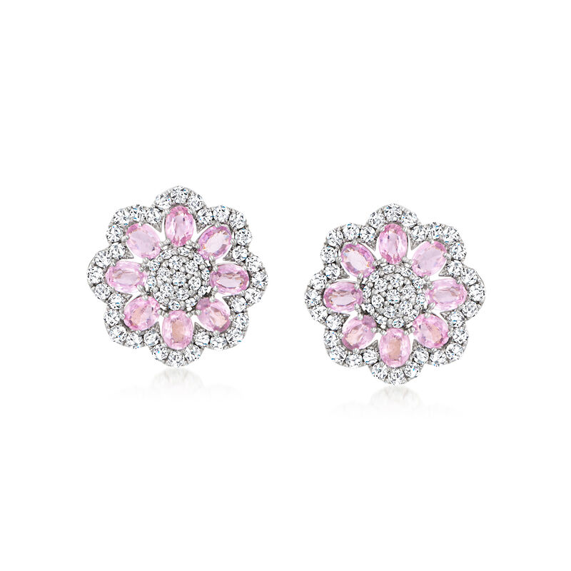 C. 1990 Vintage 2.90 ct. t.w. Pink Sapphire and 2.15 ct. t.w. Diamond Flower Earrings in 14kt White Gold  image number 0