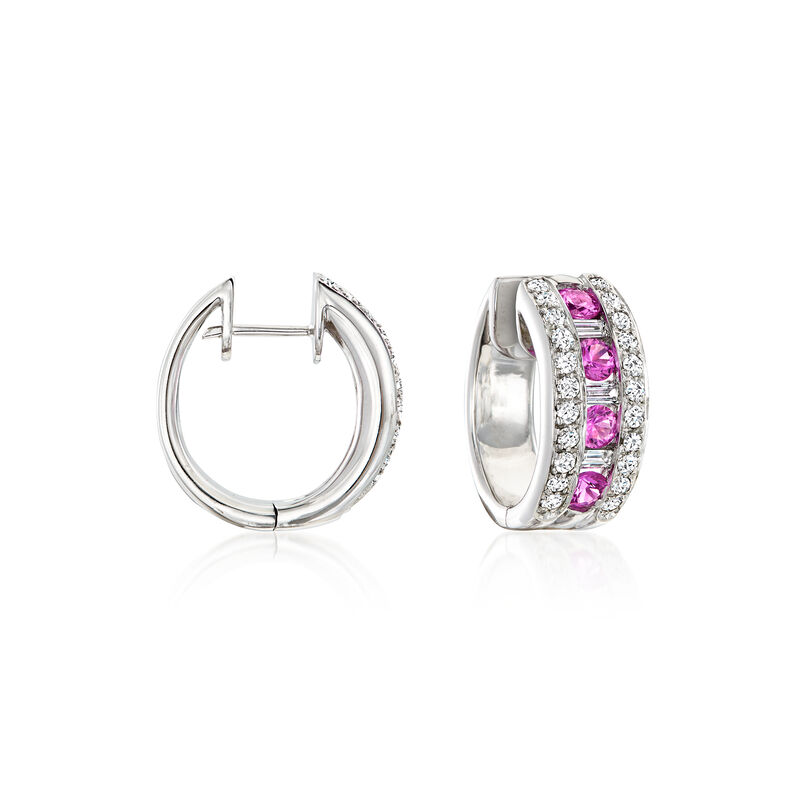 C. 1990 Vintage 1.60 ct. t.w. Pink Sapphire and 1.20 ct. t.w. Diamond Hoop Earrings in 18kt White Gold. 5/8&quot; image number 0