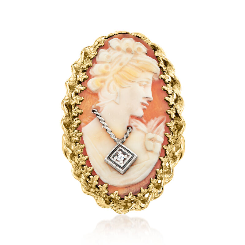 C. 1960 Vintage Orange Shell Cameo Ring with Single Diamond in 14kt Yellow Gold. Size 7 image number 0