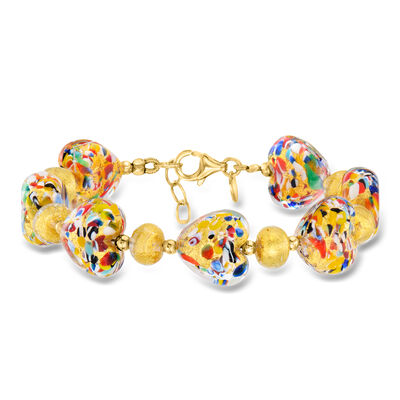 Italian Multicolored Murano Glass Heart-Shaped Bead Bracelet with 18kt Gold Over Sterling