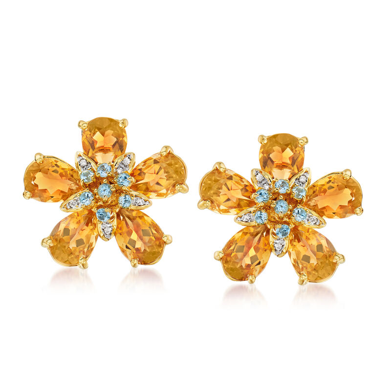 C. 1980 Vintage Ponte Vecchio 10.50 ct. t.w. Citrine, .45 ct. t.w. Blue Topaz and  .10 ct. t.w. Diamond Flower Earrings in 18kt Yellow Gold image number 0
