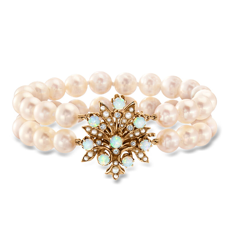 C. 1980 Vintage Cultured Pearl and Opal Two-Strand Bracelet with .15 ct. t.w. Diamonds in 14kt Yellow Gold. 7" image number 0