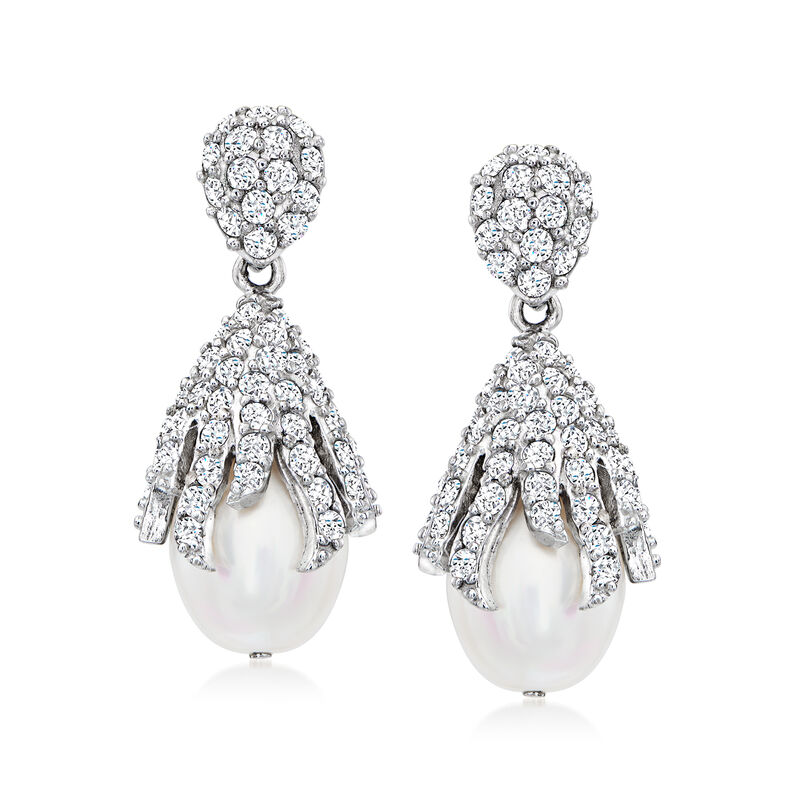 9.5-10mm Cultured Pearl and .50 ct. t.w. CZ Drop Earrings in Sterling Silver  image number 0