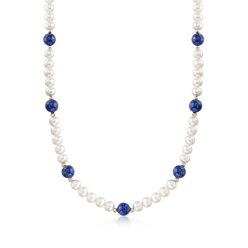 Lapis and 6.5-7mm Cultured Pearl Necklace with 14kt Yellow Gold. 18&quot; image number 1