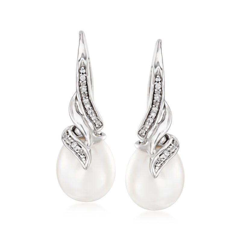 9-9.5mm Cultured Pearl Drop Earrings with Diamond Accents in Sterling Silver image number 0