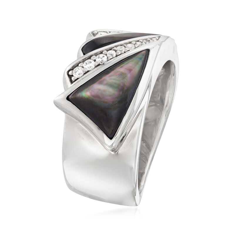 Belle Etoile &quot;Empire&quot; Black Mother-Of-Pearl and .16 ct. t.w. CZ Ring in Sterling Silver image number 2