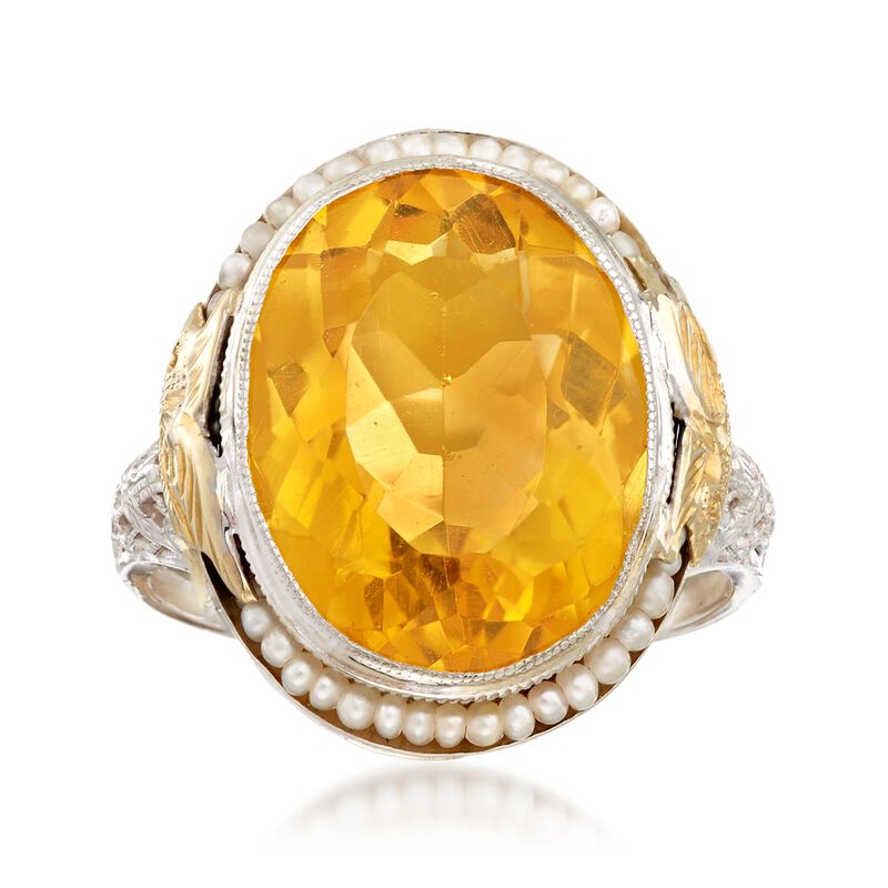 C. 1950 Vintage 8.50 Carat Citrine and Cultured Seed Pearl Ring in 14kt Two-Tone Gold. Size 6.5 image number 0