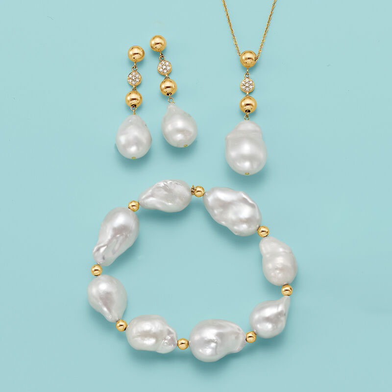 12-14mm Cultured Baroque Pearl and .14 ct. t.w. Diamond Drop Earrings in 14kt Yellow Gold image number 3