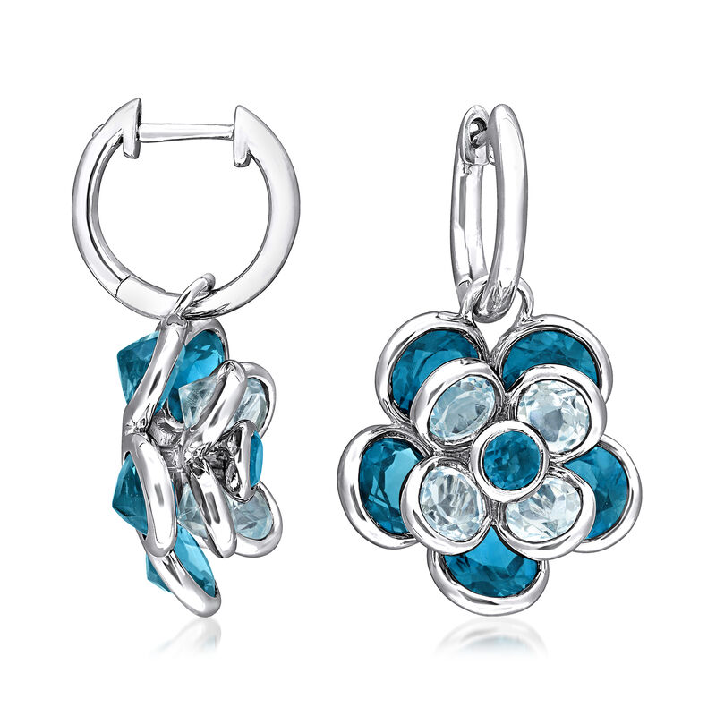 8.15 ct. t.w. London and Sky Blue Topaz Flower Hoop Drop Earrings in Sterling Silver  image number 1