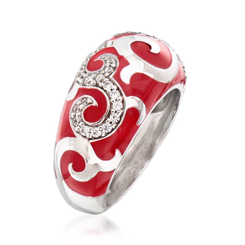 Belle Etoile &quot;Royale&quot; Red Enamel and .20 ct. t.w. CZ Ring in Sterling Silver image number 2
