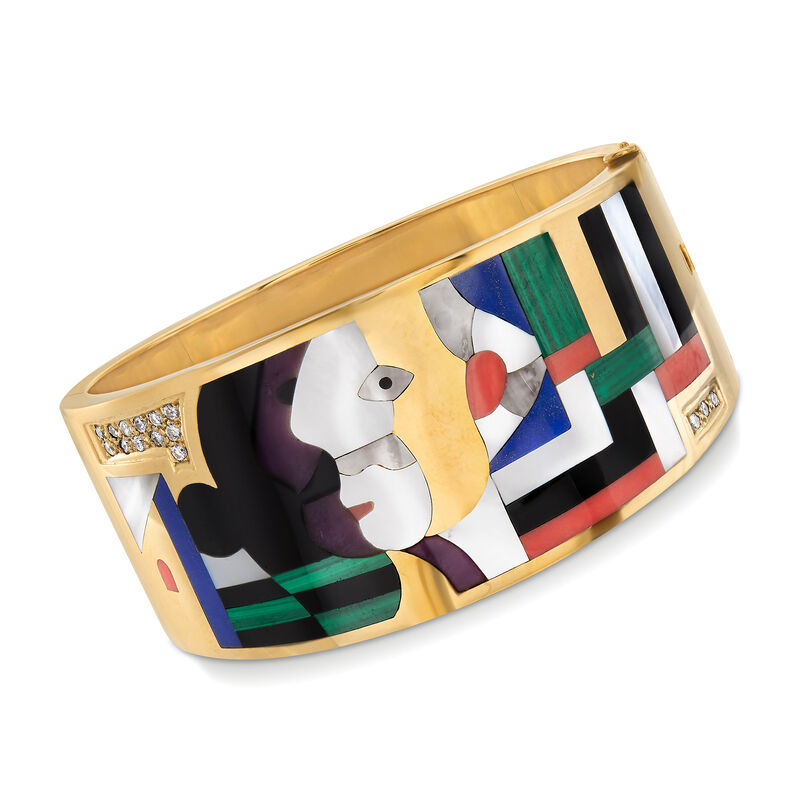 C. 1990 Vintage Asch Grossbardt Multi-Gemstone Mosaic Cuff Bracelet in 14kt Yellow Gold image number 0