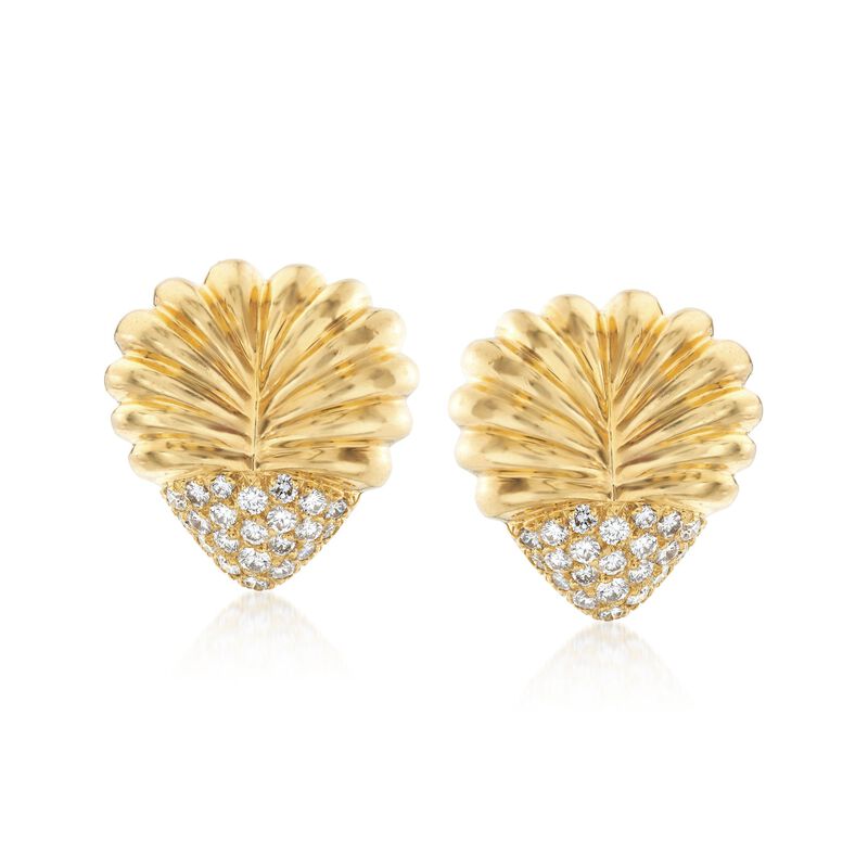 C. 1980 Vintage Henri Carre 2.20 ct. t.w. Diamond Ribbed Heart Earrings in 18kt Yellow Gold  image number 0