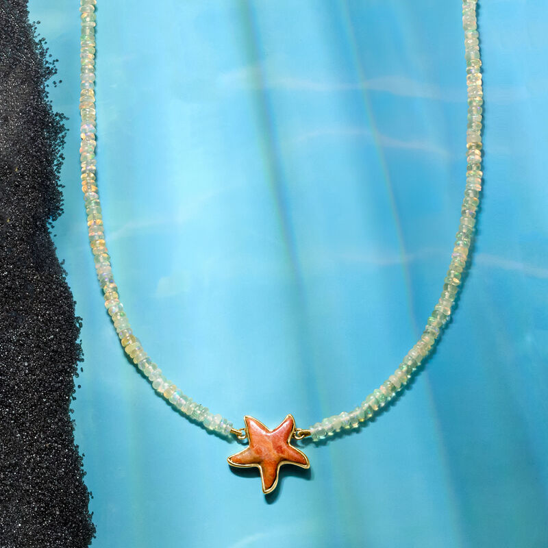 Opal Bead Necklace with Coral Starfish in 18kt Gold Over Sterling. 18&quot; image number 3