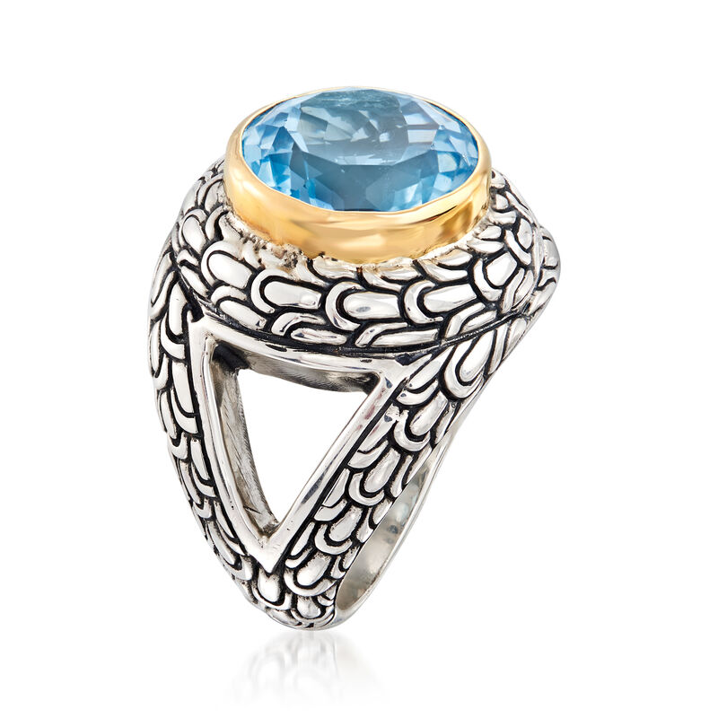 2.40 Carat Sky Blue Topaz Bali-Style Scrollwork Ring in Sterling Silver with 18kt Yellow Gold image number 2