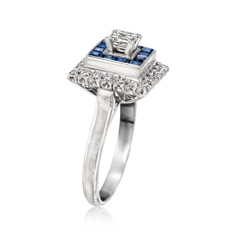 C. 2020 Vintage 1.04 ct. t.w. Sapphire and .95 ct. t.w. Diamond Square Ring in Platinum. Size 7.5 image number 2