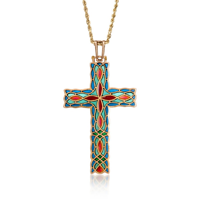 C. 1950 Vintage Multicolored Enamel Plique-A-Jour Cross Pendant Necklace in 14kt Yellow Gold. 24" image number 0