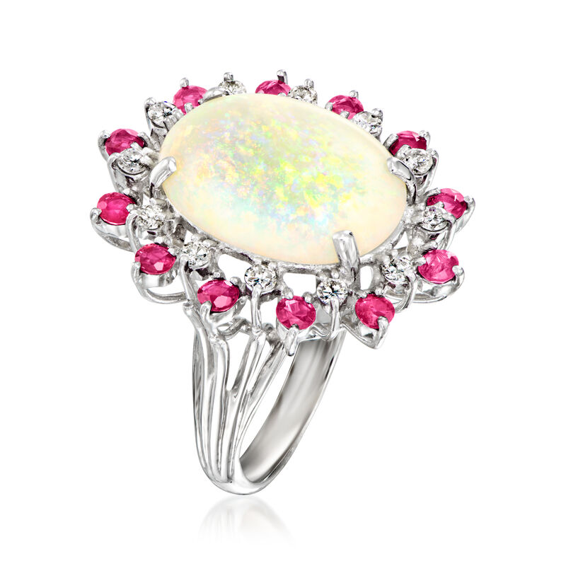 C. 1970 Vintage Opal, 1.20 ct. t.w. Ruby and   30 ct. t.w. Diamond Cocktail Ring in 14kt White Gold. Size 6.5 image number 2
