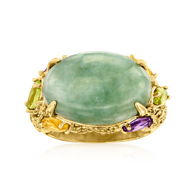 Jade and .90 ct. t.w. Multi-Gemstone Ring in 18kt Gold Over Sterling
