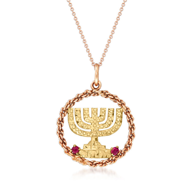 C. 1980 Vintage 14kt Two-Tone Gold Menorah Pendant Necklace with Ruby Accents image number 0