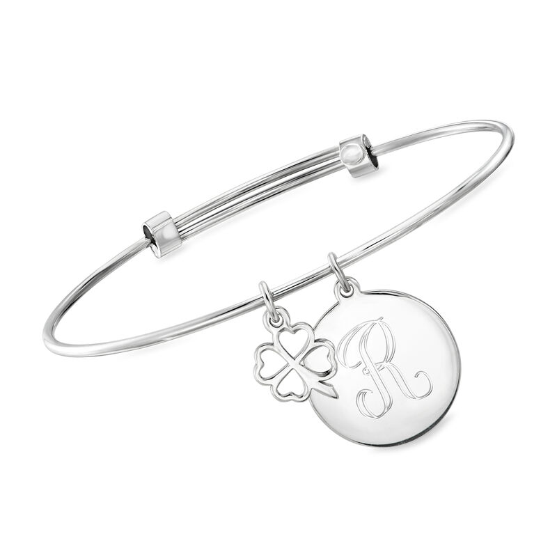 Sterling Silver Personalized Disc Bangle Bracelet with Clover Charm image number 0