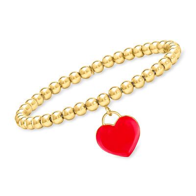 Italian 5mm 18kt Gold Over Sterling Bead Stretch Bracelet with Red Enamel Heart Charm