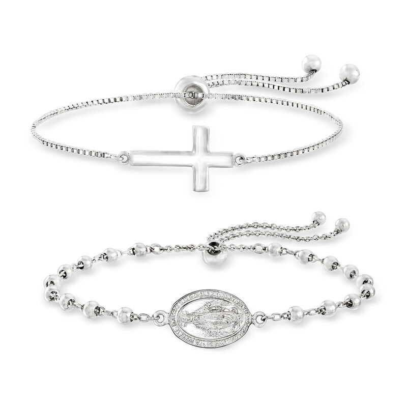 Sterling Silver Jewelry Set: Two Religious Symbol Bolo Bracelets image number 0