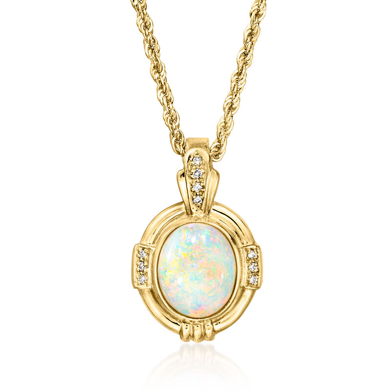 C. 1990 Vintage Opal and .10 ct. t.w. Diamond Pendant Necklace in 14kt Yellow Gold. 18&quot; image number 0