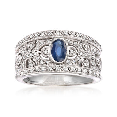 C. 1990 Vintage .50 Carat Sapphire Openwork Ring with .75 ct. t.w. Diamonds in 14kt White Gold