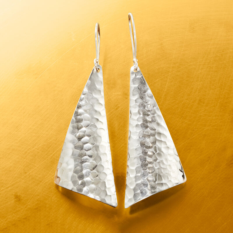 Sterling Silver Hammered and Polished Triangle Drop Earrings image number 2