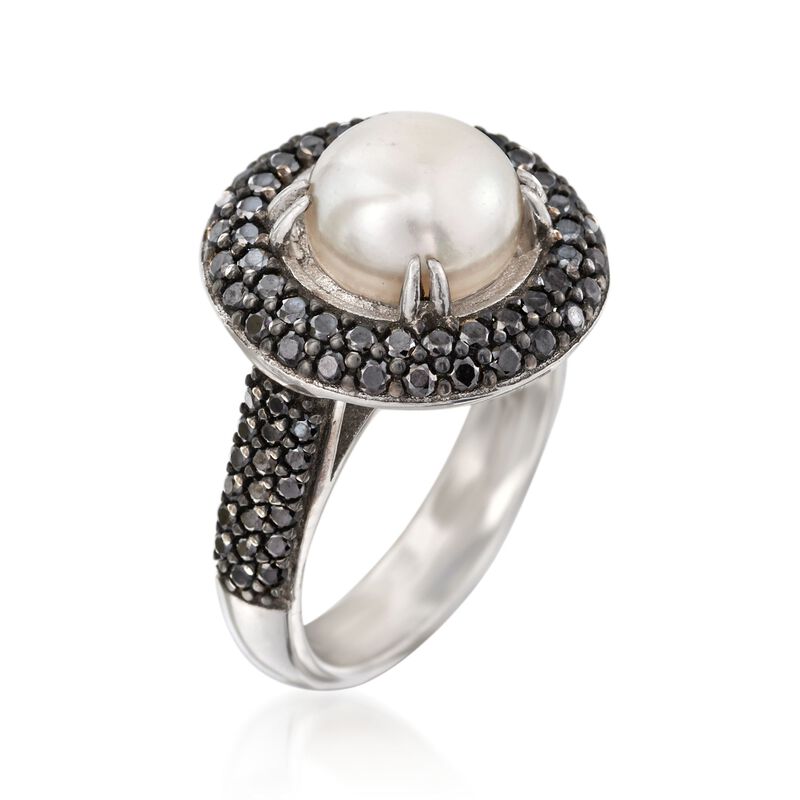 9mm Cultured Pearl and 1.20 ct. t.w. Black Spinel Ring in Sterling Silver image number 2