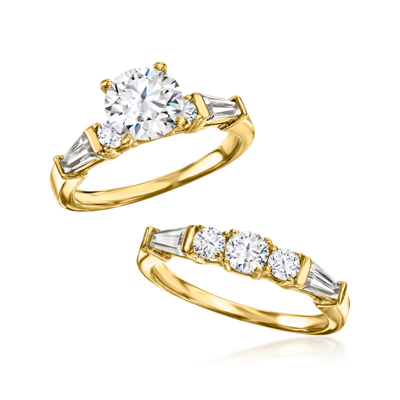 2.60 ct. t.w. CZ Bridal Set: Engagement and Wedding Rings in 18kt Yellow Gold Over Sterling image number 3