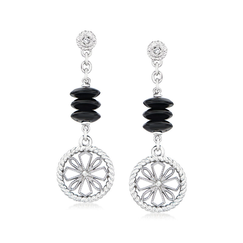 Andrea Candela "Onix Ola" 7mm Black Onyx Bead and Round Floral Drop Earrings with Diamond Accents in Sterling Silver image number 0