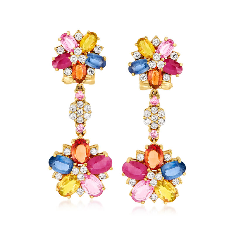 6.90 ct. t.w. Multicolored Sapphire, 1.70 ct. t.w. Ruby and .84 ct. t.w. Diamond Floral Drop Earrings in 18kt Yellow Gold image number 0