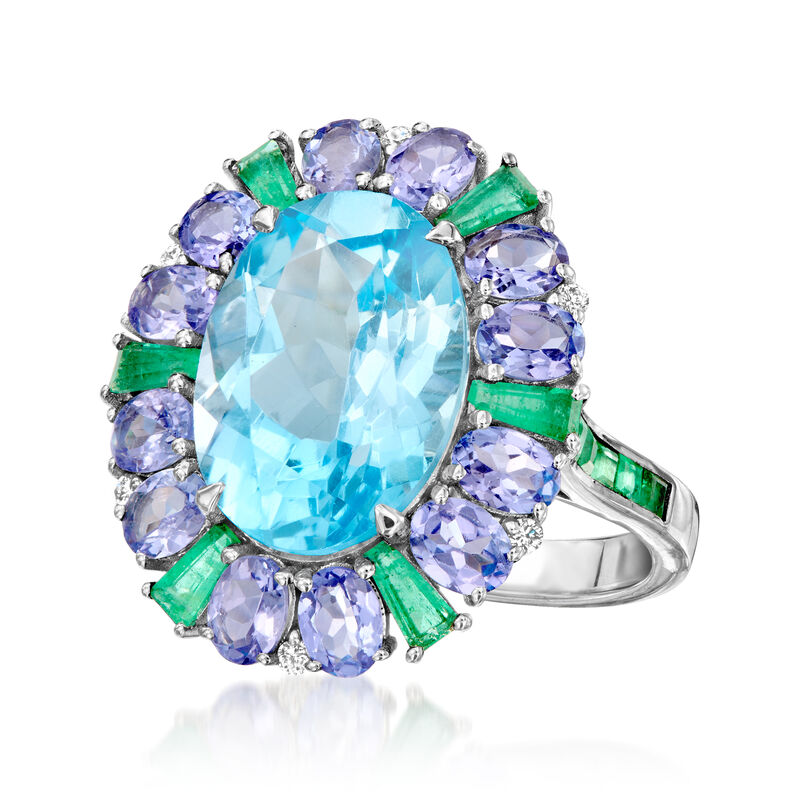 7.25 Carat Swiss Blue Topaz and 2.80 ct. t.w. Multi-Gemstone Ring with Diamonds in 18kt White Gold image number 3