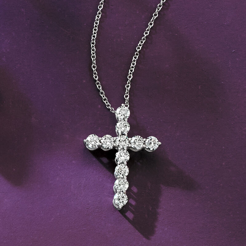1.00 ct. t.w. Lab-Grown Diamond Cross Pendant Necklace in 14kt White Gold. 16" image number 2