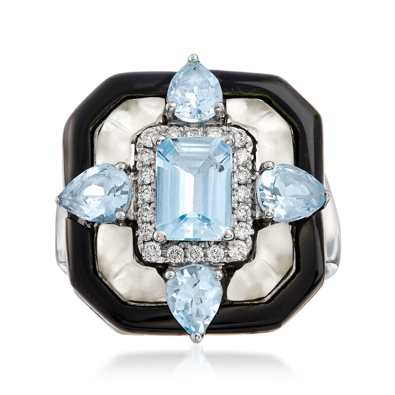 Black Onyx, Rock Crystal, 1.90 ct. t.w. Aquamarine and .15 ct. t.w. Diamond Ring in 14kt White Gold image number 0
