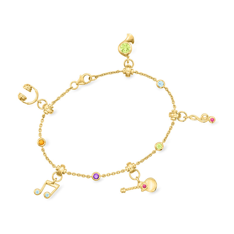 1.10 ct. t.w. Multi-Gemstone Musical Charm Bracelet in 18kt Gold Over Sterling image number 0