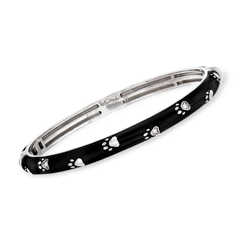 Belle Etoile &quot;Paw Prints&quot; Black Enamel Bangle Bracelet with CZ Accents in Sterling Silver. 7&quot; image number 0