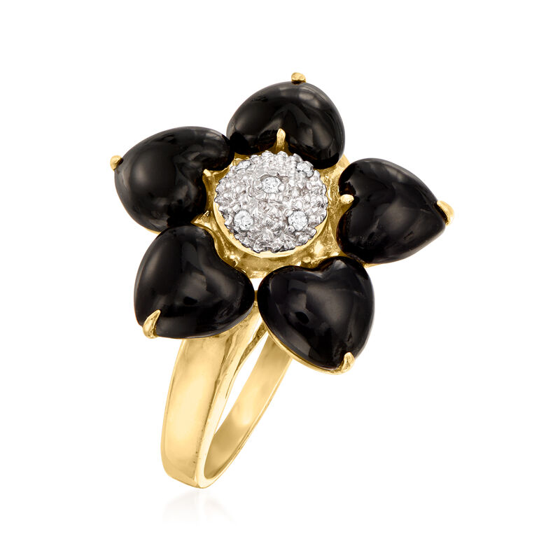 C. 1990 Vintage Black Onyx Flower Ring with Diamond Accents in 14kt Yellow Gold image number 2