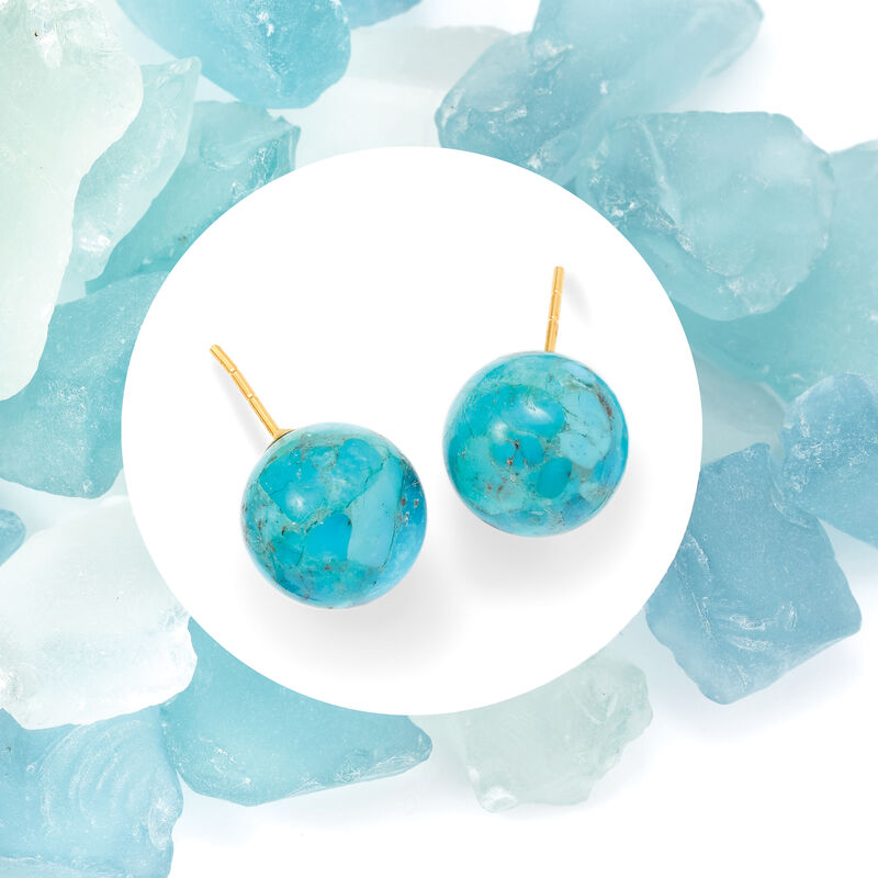 10-10.5mm Turquoise Bead Stud Earrings in 14kt Yellow Gold image number 2